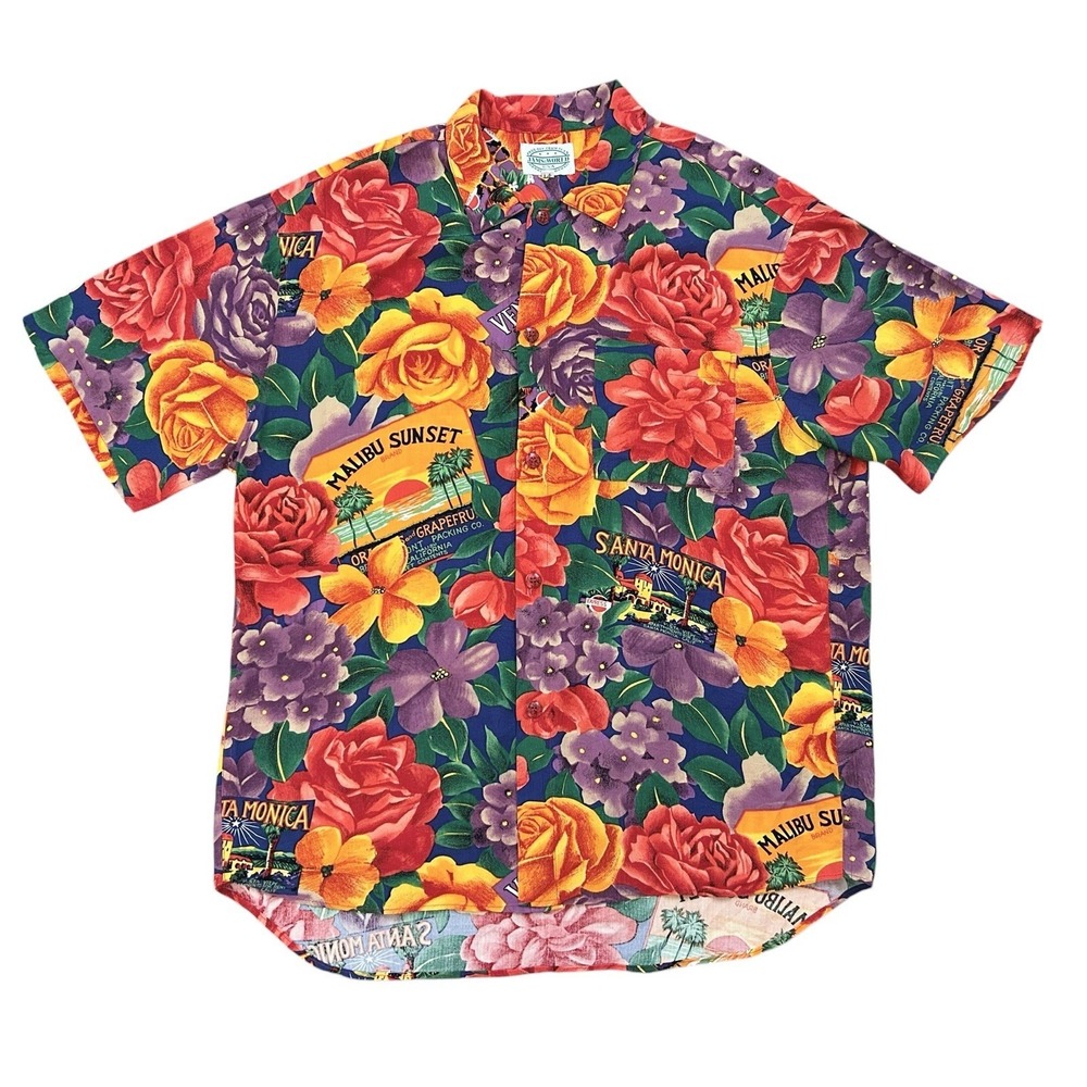 Vintage Jams World Hawaiian Shirt Men L Floral CA Beaches Surf Line Prod Dev